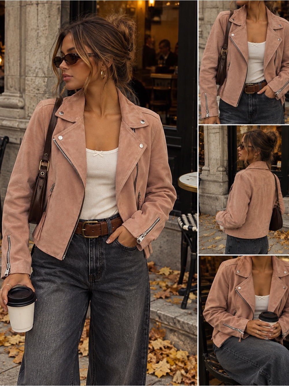 AllSaints Dalby Blush Pink Suede Leather Biker Moto Jacket US 10 UK 14